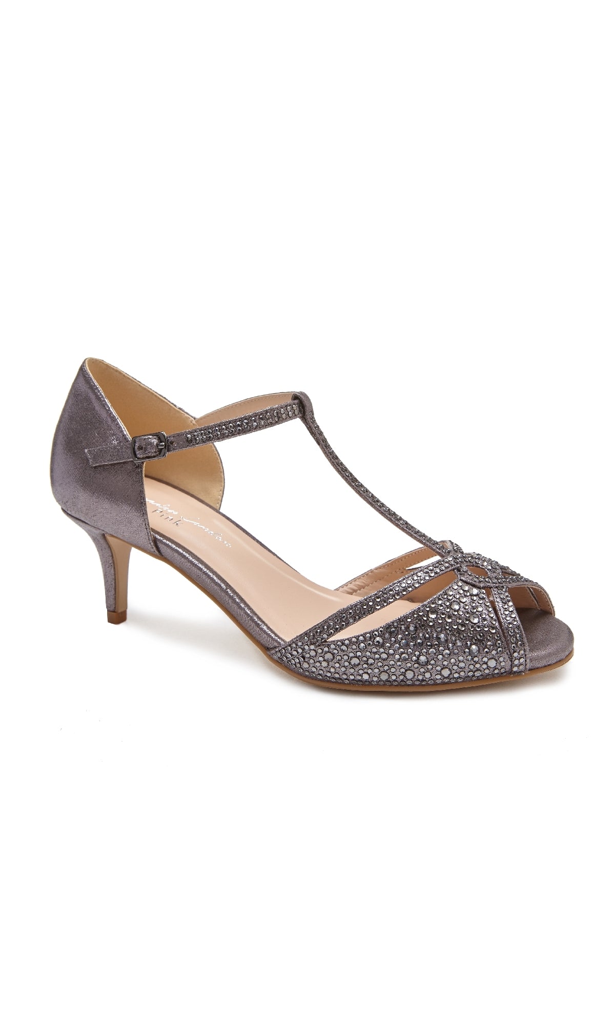 The Seva Pewter Prom Shoes: Paradox London P1837 are gray open-toe T-strap kitten heel sandals with a buckle closure and sparkling rhinestone embellishments—ideal heels for prom.